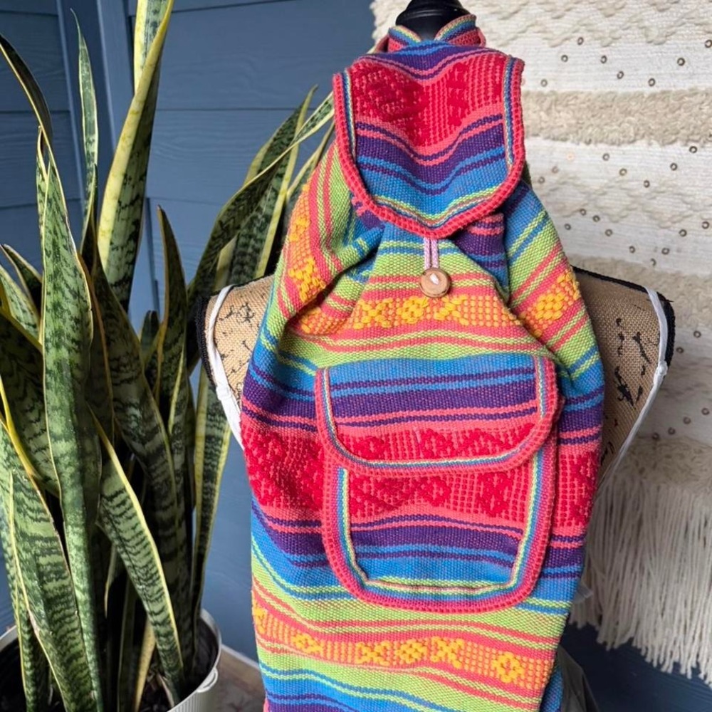 Multicoloured boho style backpack in a southwestern blanket material